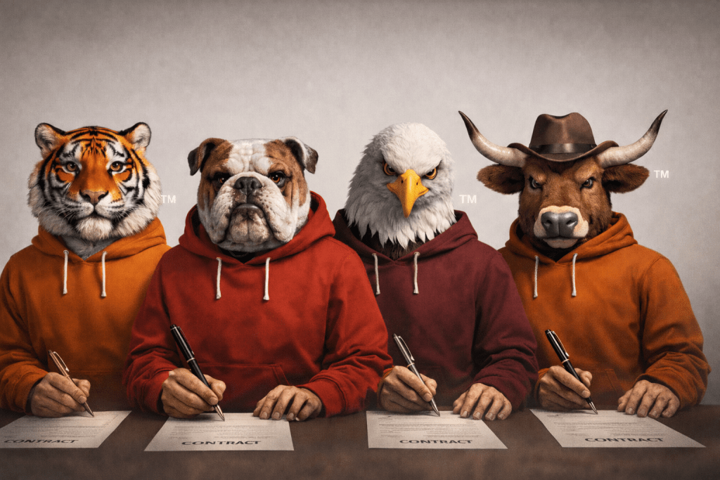 Four college-style animal mascots wearing hoodies representing team identity and NIL branding in college sports