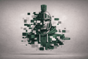 Digital Spartan-style college mascot emerging from geometric fragments in green and white with trademark and licensing symbols