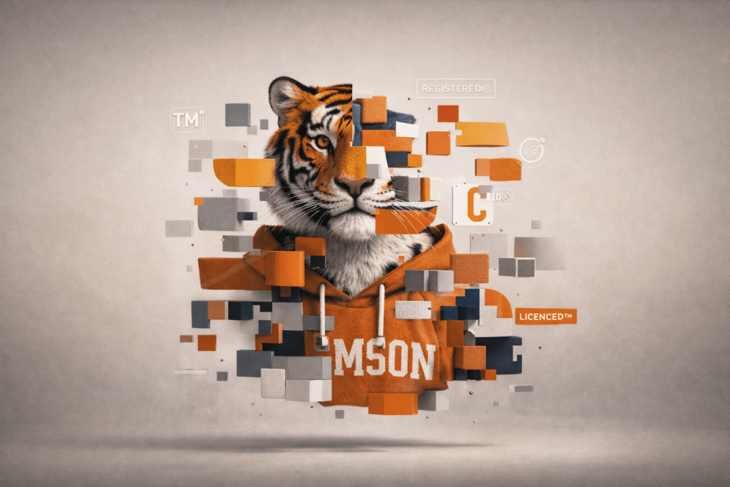 Tiger mascot in orange hoodie dissolving into digital fragments with trademark and licensing icons