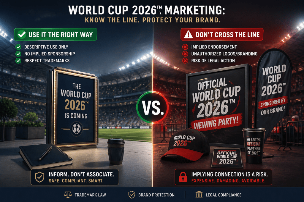 Comparison between official World Cup sponsor branding and unauthorized marketing showing trademark risk