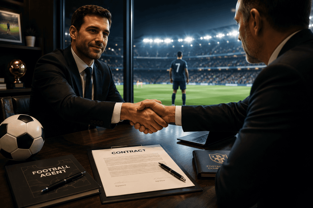 Football agents negotiating a player contract during a football transfer meeting.