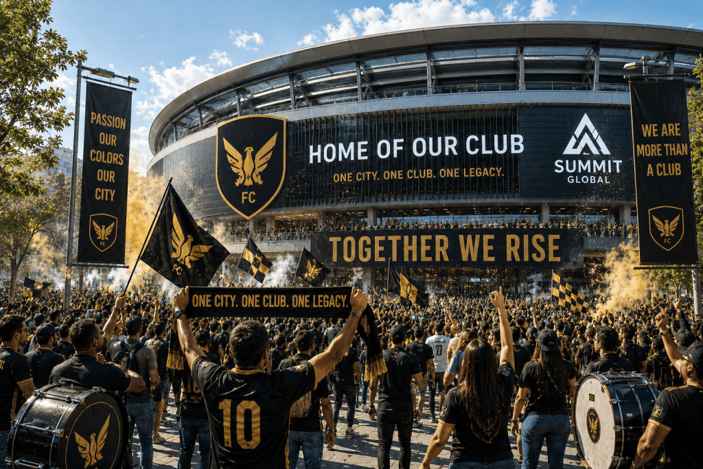 Football fans celebrating outside a branded stadium before a match
