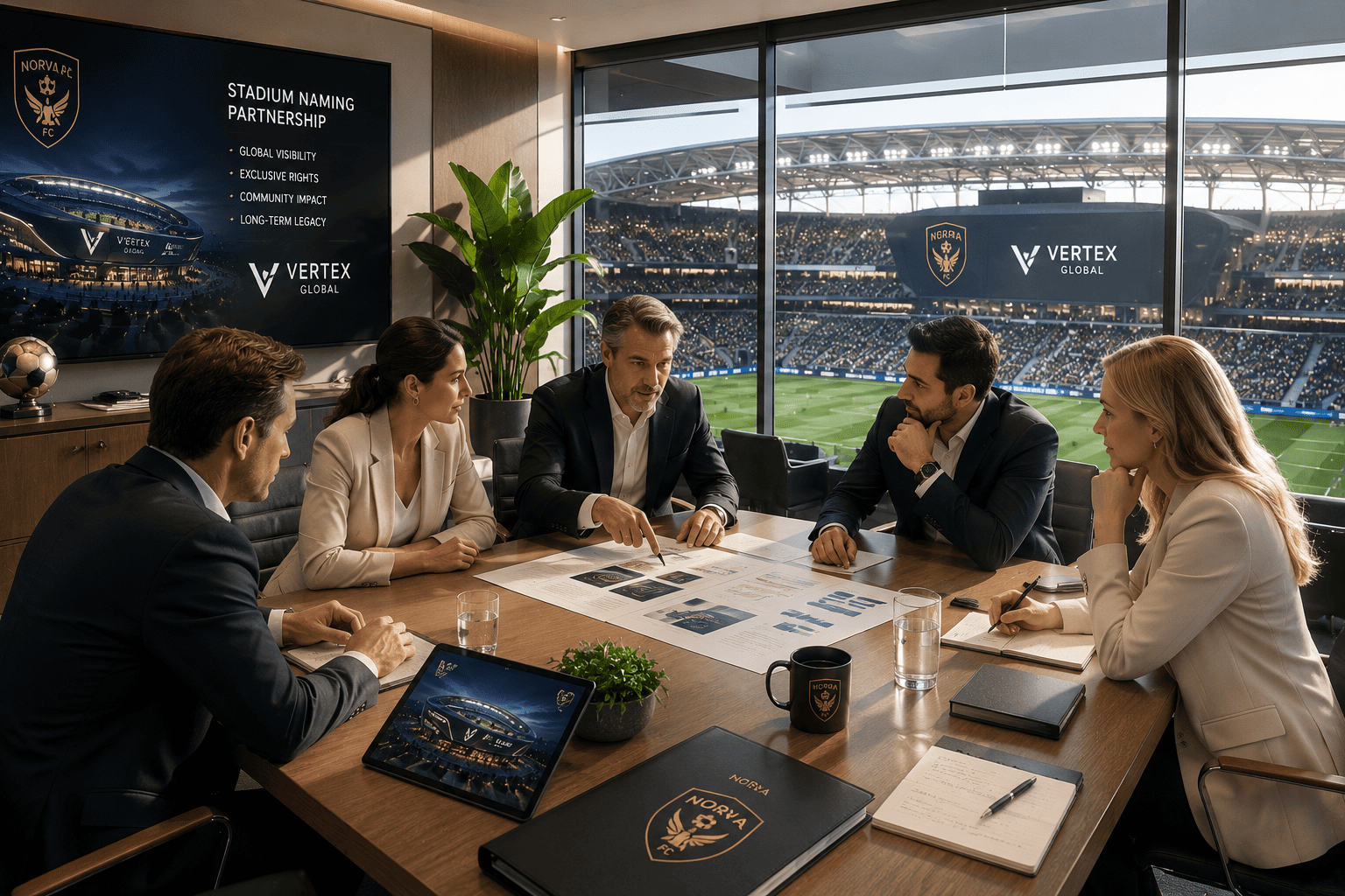 Football executives and attorneys negotiating a stadium naming rights agreement inside a stadium suite