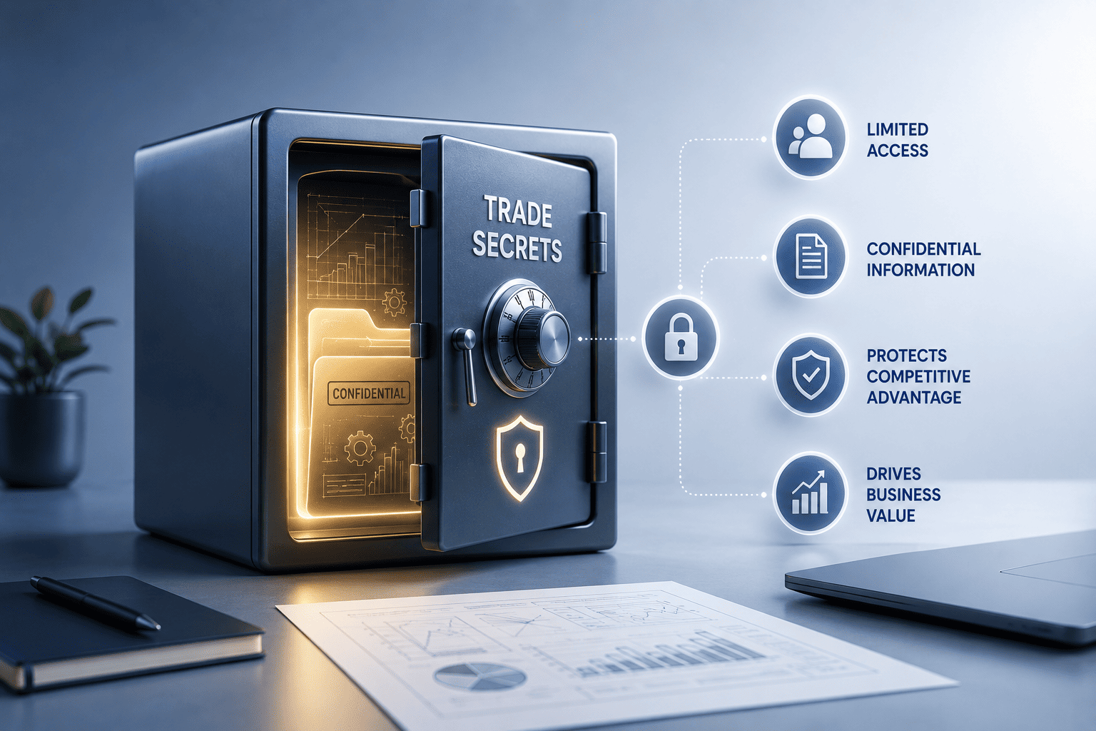 Modern illustration of trade secret protection showing confidential business information secured inside a digital safe