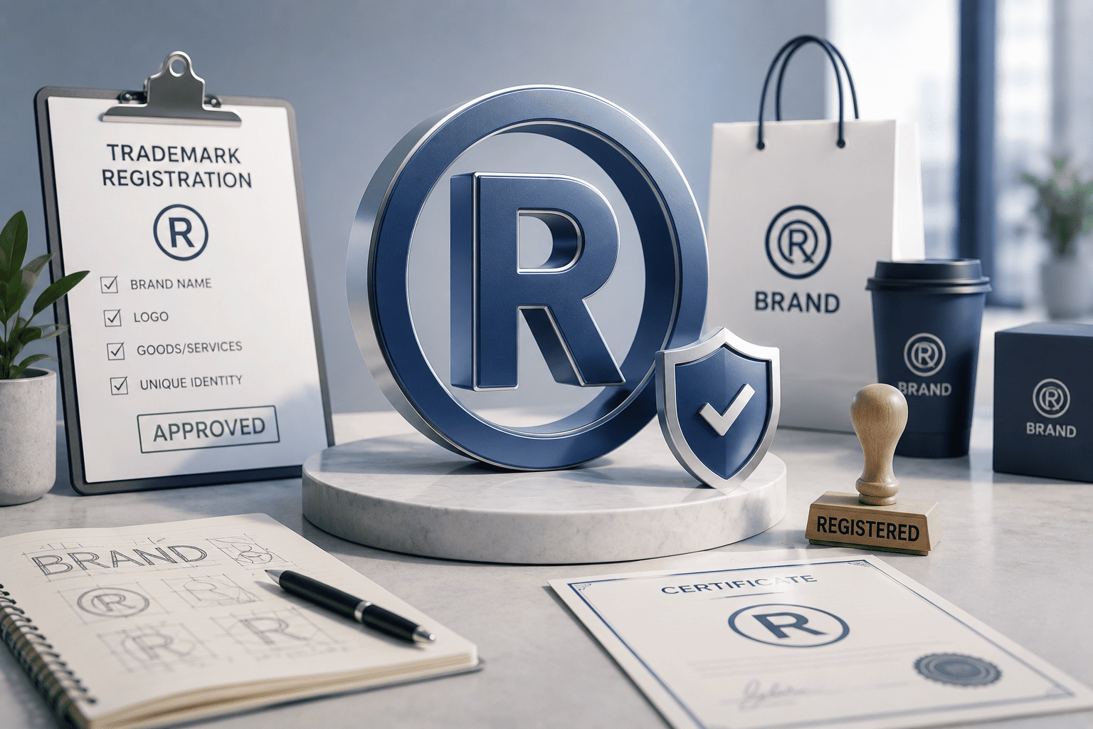 Trademark registration illustration showing brand identity protection for businesses and startups