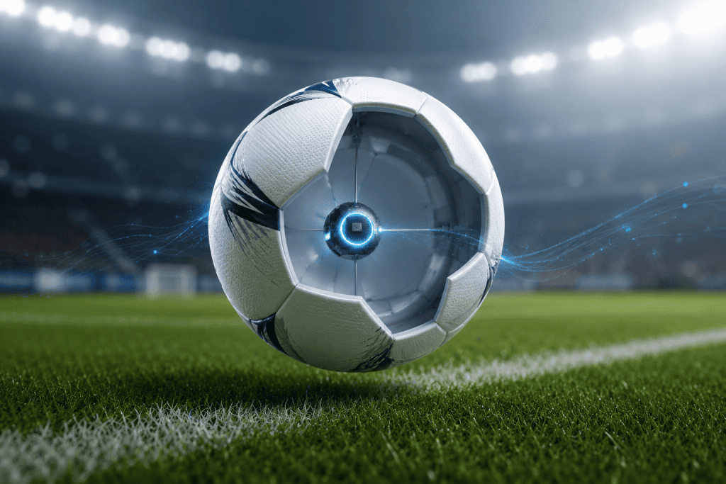 Smart football with embedded sensors transmitting real-time match data.