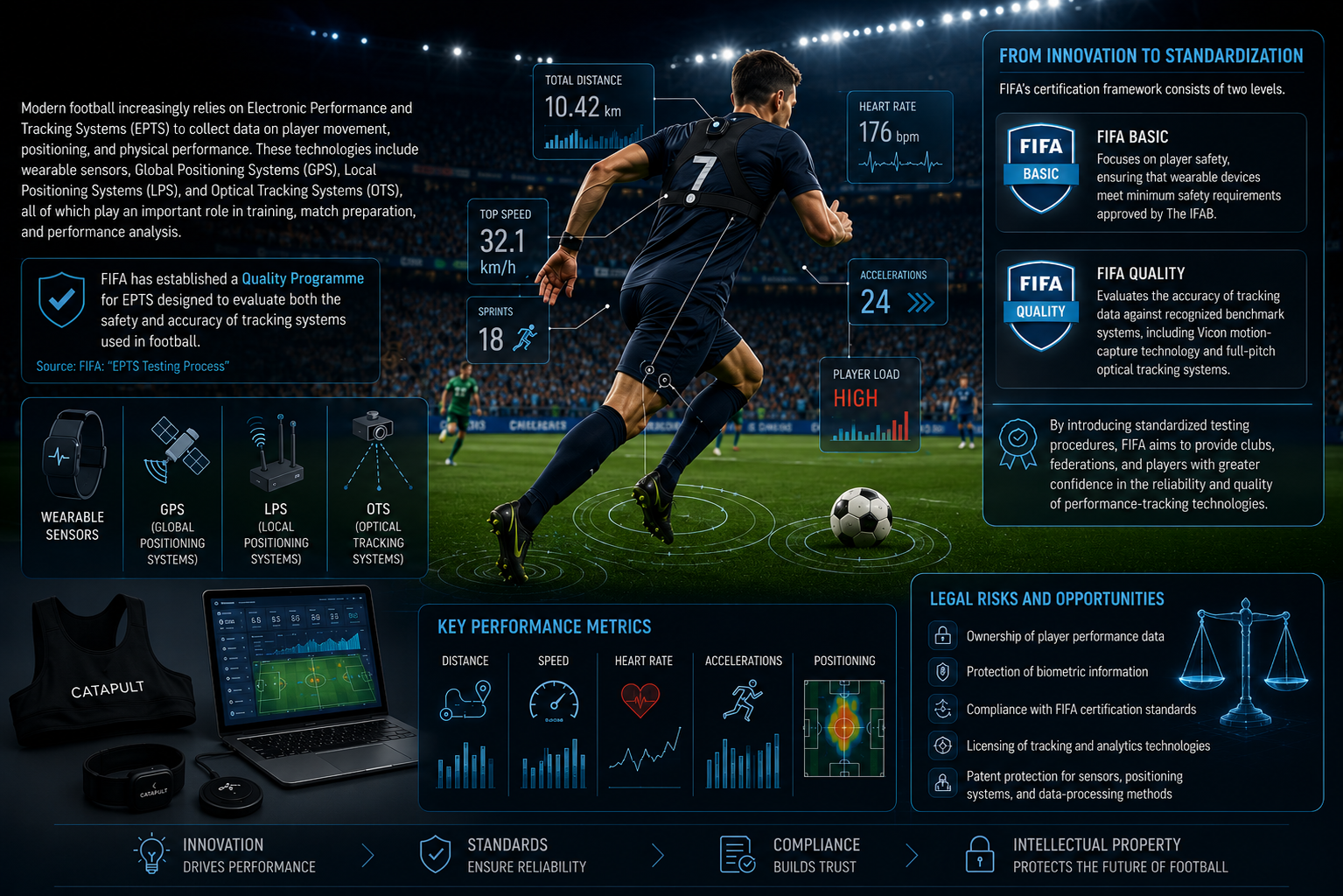 Football player wearing performance tracking sensors and wearable technology during training and match analysis.